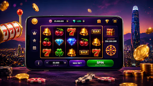 rollingslot.es - Smartphone con tragamonedas online, monedas doradas y fichas de casino sobre un fondo urbano iluminado.