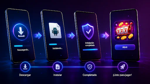 rollingslot.es - Proceso de descarga e instalación de una aplicación móvil en smartphone con interfaz moderna.