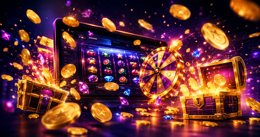 rollingslot.es - Banner de casino online con monedas doradas, cofres de bonos abiertos, ruleta y tragamonedas en un entorno digital brillante.