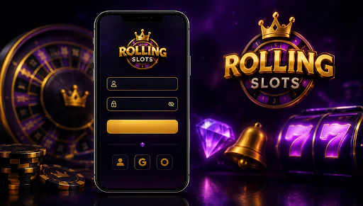 rollingslot.es- Formulario de inicio de sesión de Rolling Slots en un smartphone con elementos visuales de casino.